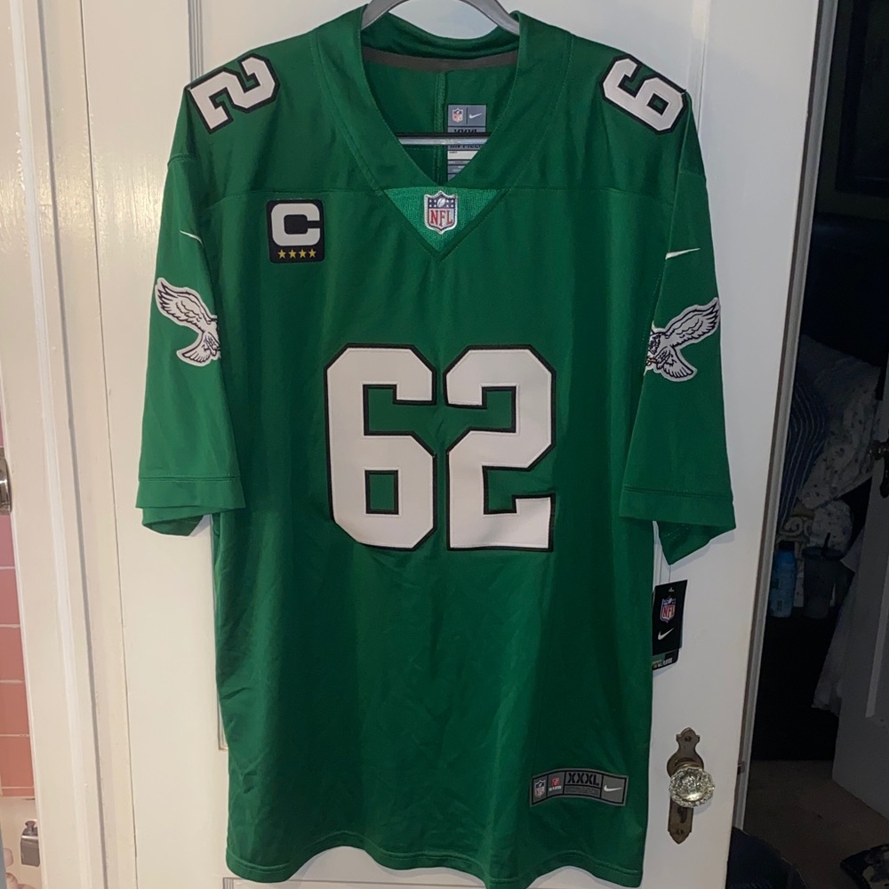 Jason Kelce NFL Green Jersey with Number 62 and Team Logo
